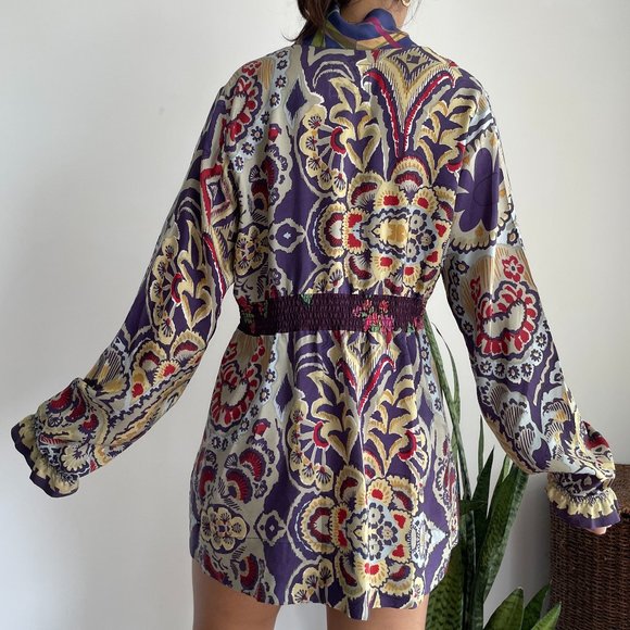 Johnny Was 100% silk floral print smock waist tunic top L - Picture 5 of 10